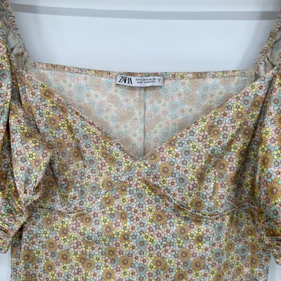 ZARA Satin Effect Floral Puff Sleeve Mini Dress V-Neck Bustier Balloon Sleeve - Picture 9 of 14